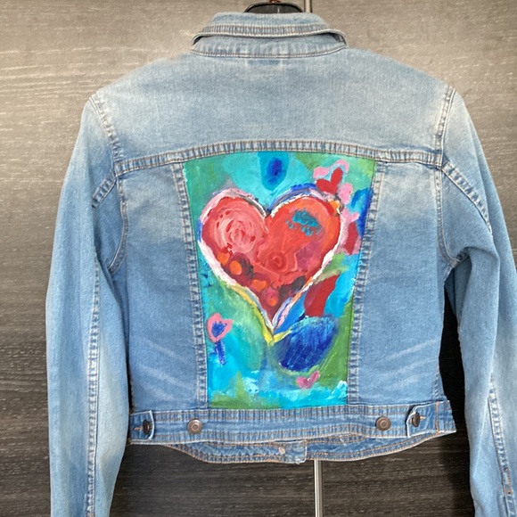 Artisan Hand Painted Blue Notes Cropped Jean Jacket Abstract Heart Acryl… - Picture 9 of 12